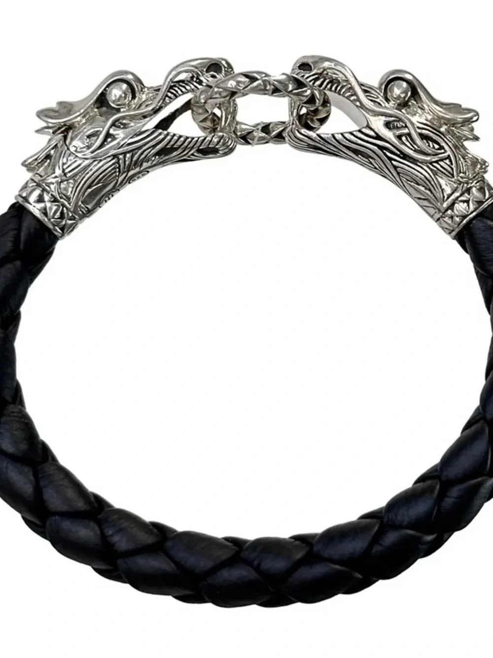 JOHN HARDY Sterling Silver Dragon Naga Woven Leather Bracelet Black Unisex 7”